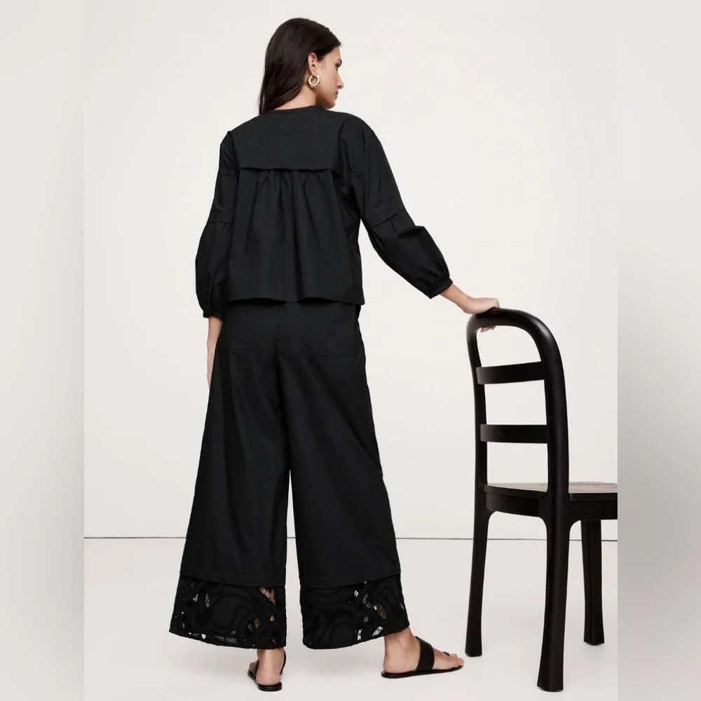 NWT! BR High-Rise Wide-Leg Embroidered Cotton Poplin Cropped Pull-On Pant📙